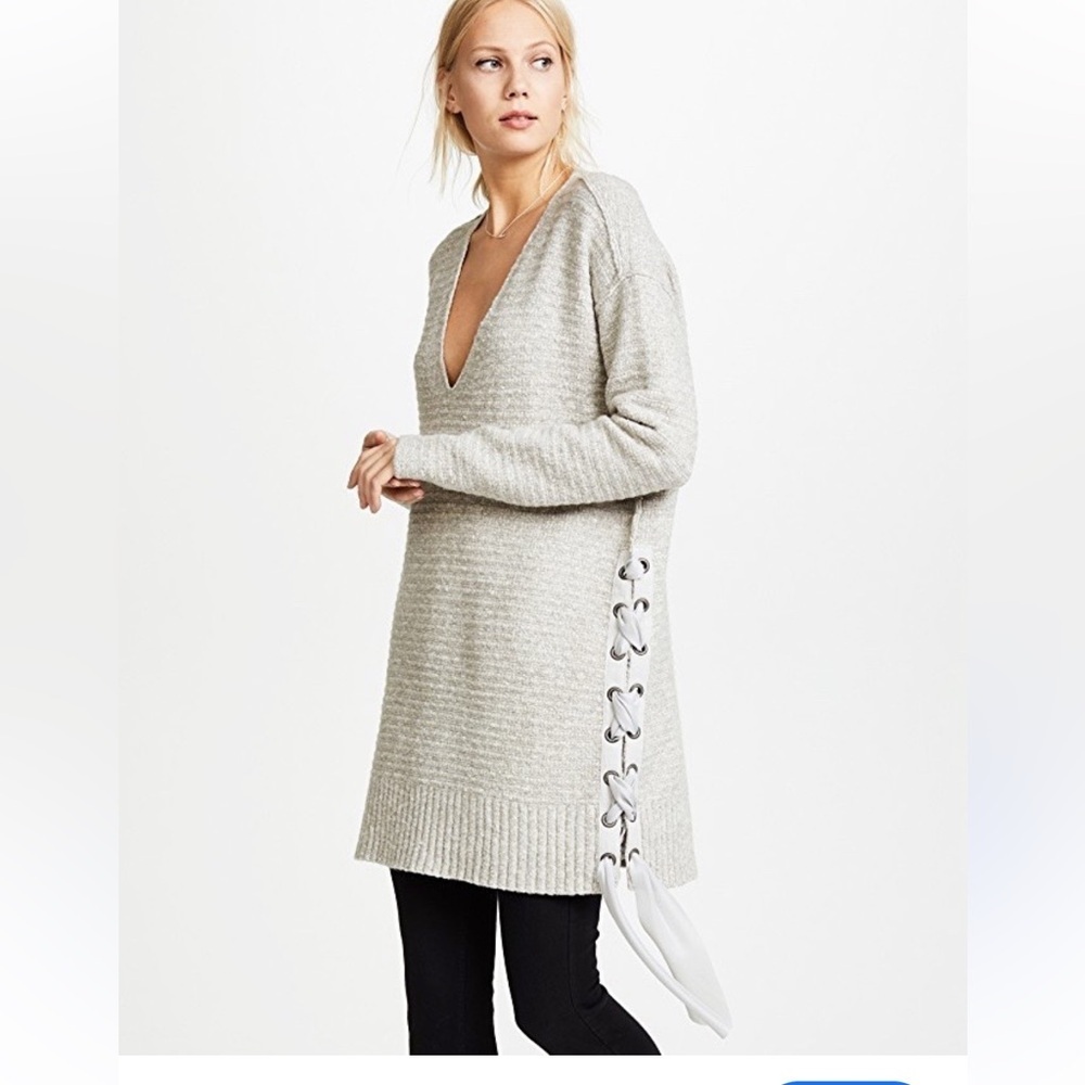 Free People heart it lace up side cozy sweater deep V oversized XS gray